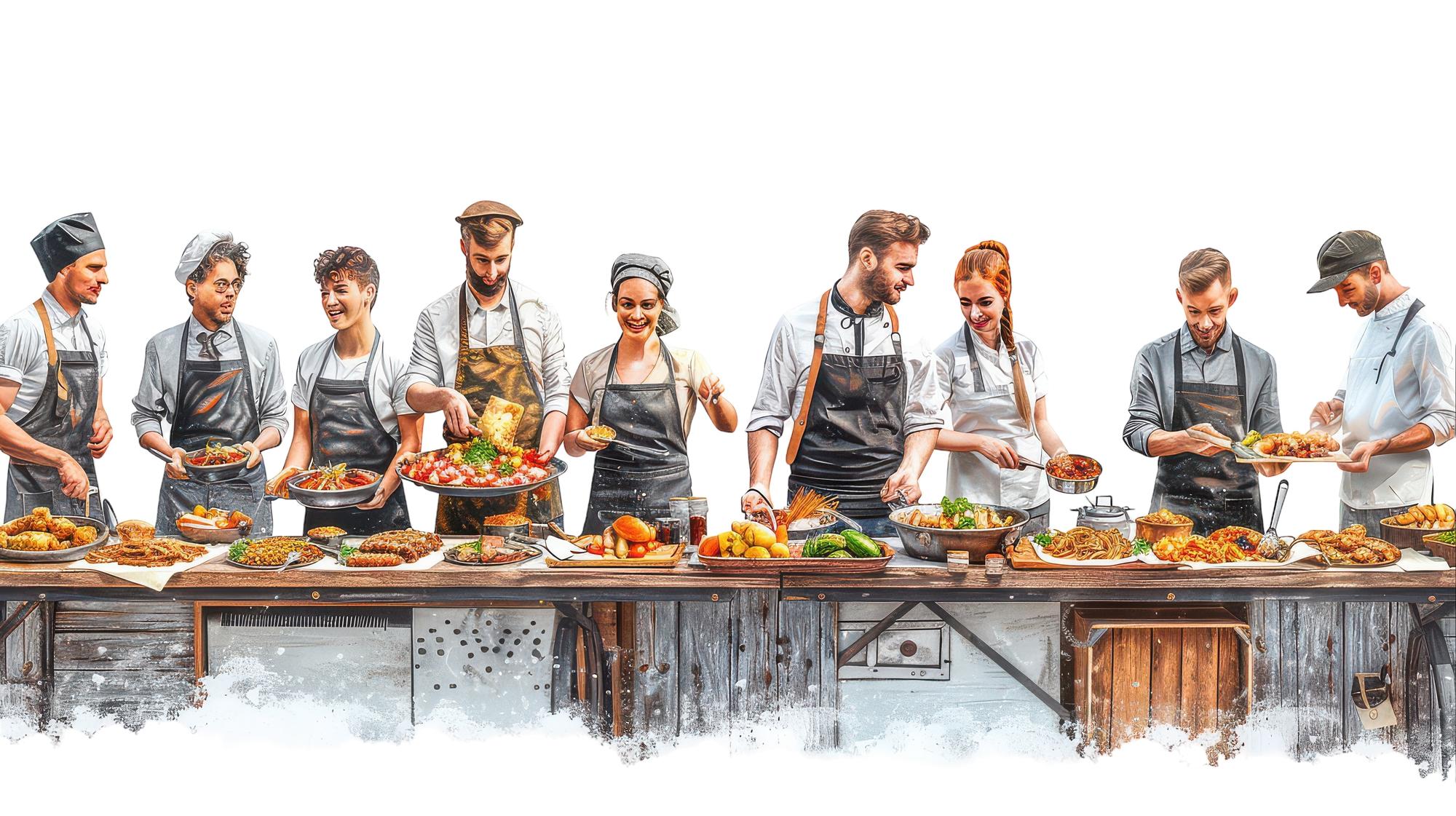 Students tasting food at a long wooden table